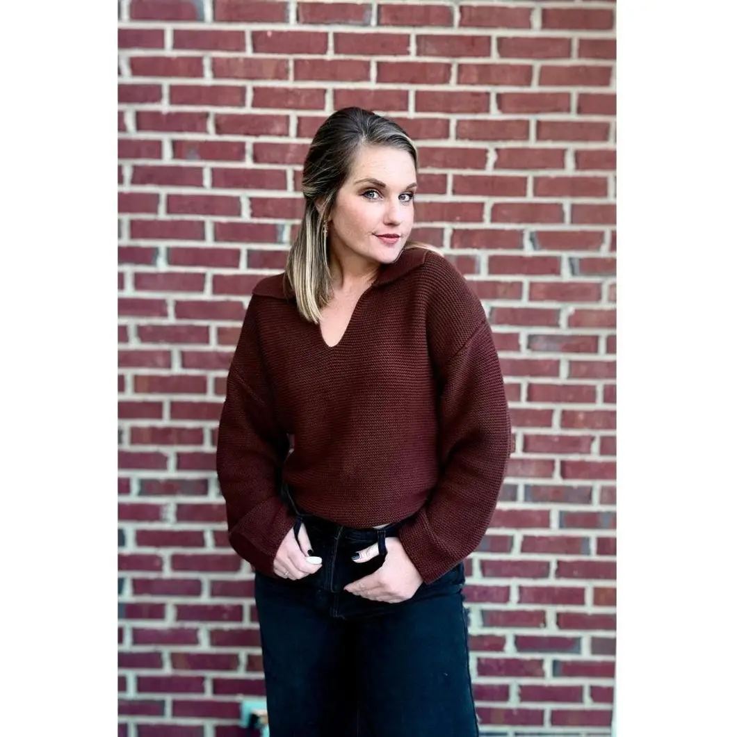 Chestnut Charm Sweater - Loose-Fitting Soft Brown Textured Knit with Split Collar Neckline for Fall Comfort