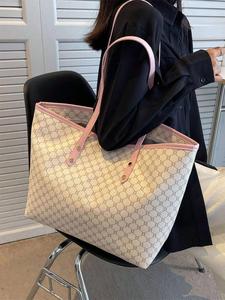 women's elegant beige geometric pattern tote bag, fashionable large capacity shoulder bag for women, casual trendy versatile high-quality daily commuting bag