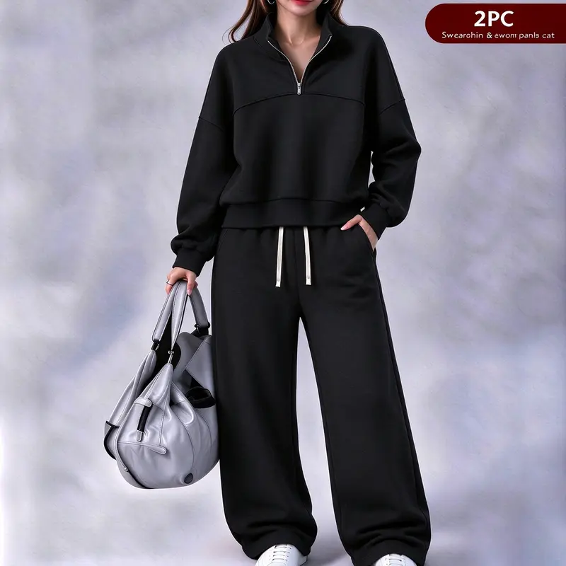 Women’s two-piece tracksuit set, winter long-sleeve half-zip pullover sweatshirt-style sports top, loose wide-leg athletic pants, winter sportswear, women’s clothing