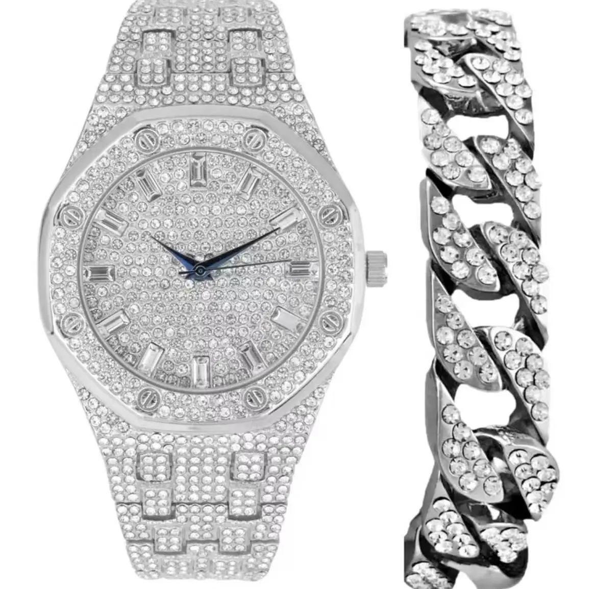 Ice Crystal All-Diamond Men's Watch, with Cuban chain bracelet, octagonal bezel and dial, 40mm, a fashionable mechanical watch