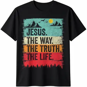 Men's Christian Graphic T-Shirt with Jesus The Way Truth Life Print, Cotton Short Sleeve Casual Streetwear Fashion Top, Tshirt