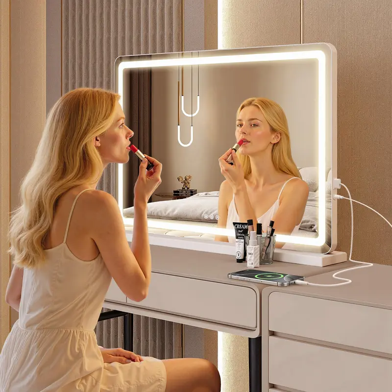 Sweetcrispy LED Lit Vanity Mirror - Aluminum Sleek Frame Mirror with 3 Color Modes, Dimmable, Touch Screen Control, Last-Set Memory, Bathroom Desk Vanity Upgrade (Home & Bathroom Supplies), Led Lit Mirror