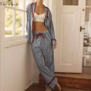 Women 2 Piece Plaid Pajama Set Frill Trim Long Sleeve Button-up Tops and Pants Casual Sleepwear Outfit