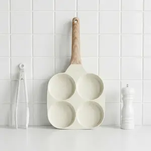 Nonstick Oil-Saving Aluminium Egg Frying Pan Cookware - 3 or 4 Holes, Marble Coating, Wooden Handle, Induction-Compatible for Eggs, Pancakes