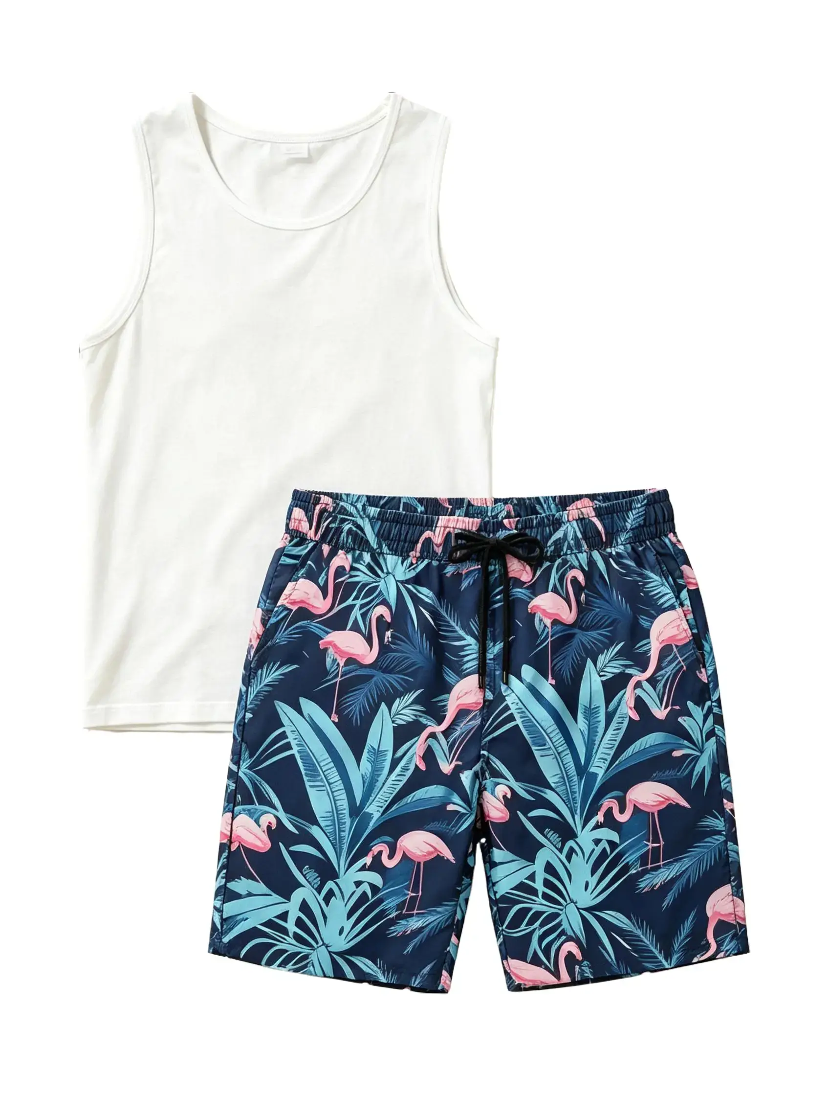Men's 2-Piece Clothing Set - Sleeveless Tank Top, Flamingo Print Beach Shorts for Casual Summer Vacation Breathable Elastic