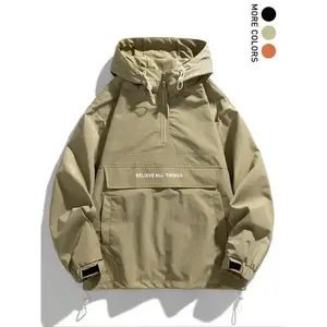 Men's Letter Print Drawstring Pocket Half Zipper Hooded Jacket, Regular Fit Casual Long Sleeve Windproof Outerwear for Fall & Winter, Men's Clothes for Daily Wear, Casual Style Outerwear, Menswear