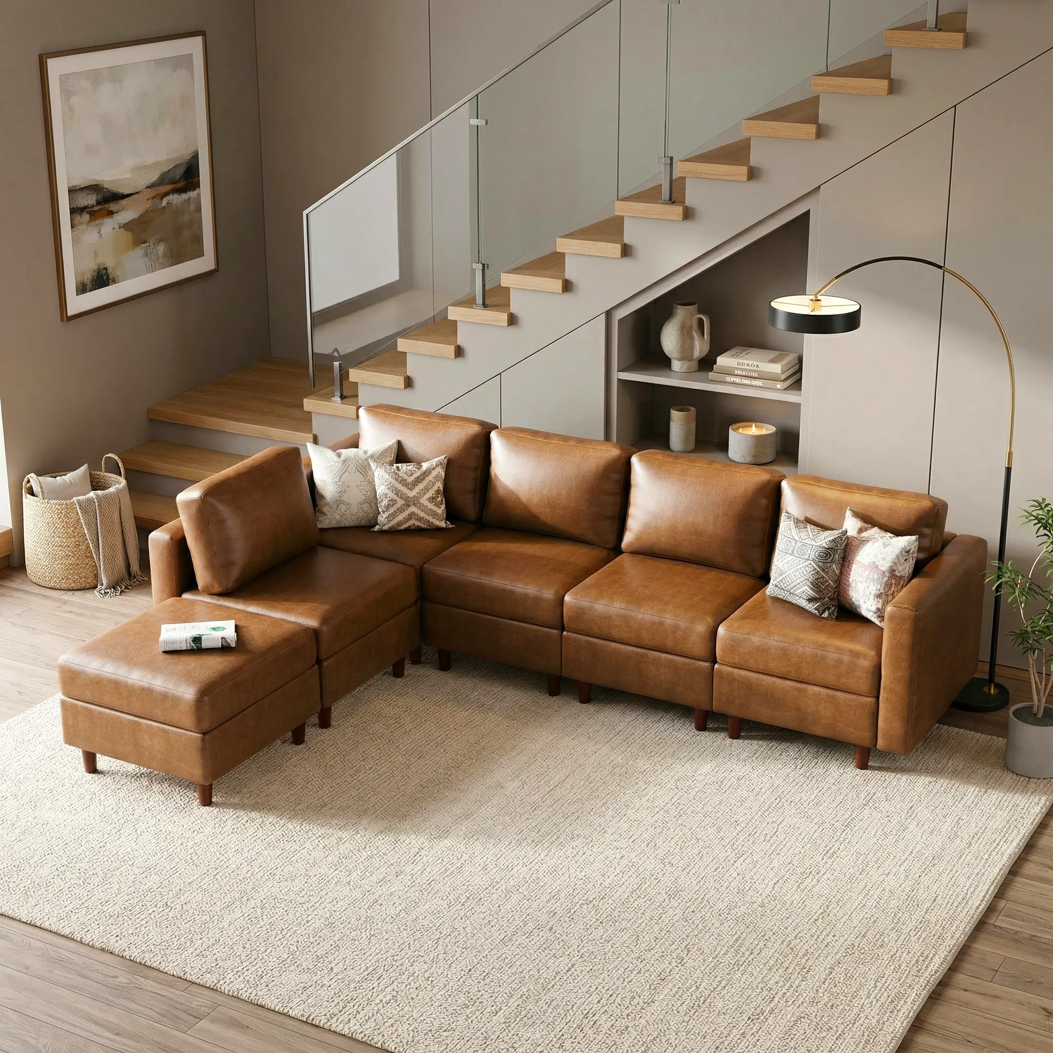 ABCASA 118.5" Modern Waterproof Upholstered Faux Leather Modular L-Shaped 6-Seater Convertible Sectional Sofa Set, Movable Storage Ottoman, Swap Seats & Ottos DIY Comfy Cloud Living Room Piece (Mother's Day Pick), Upholstered Sectional, Six Seats