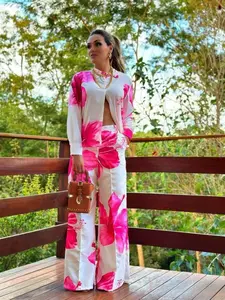 Women's Floral Print Button Front Shirt & Wide Leg Pants Two-piece Set, Long Sleeve Collared Top & Trousers, Two Piece Set Women, Casual Spring & Fall Outfits Clothes for Ladies, Clothing Set, Casual Matching Set, Womenswear