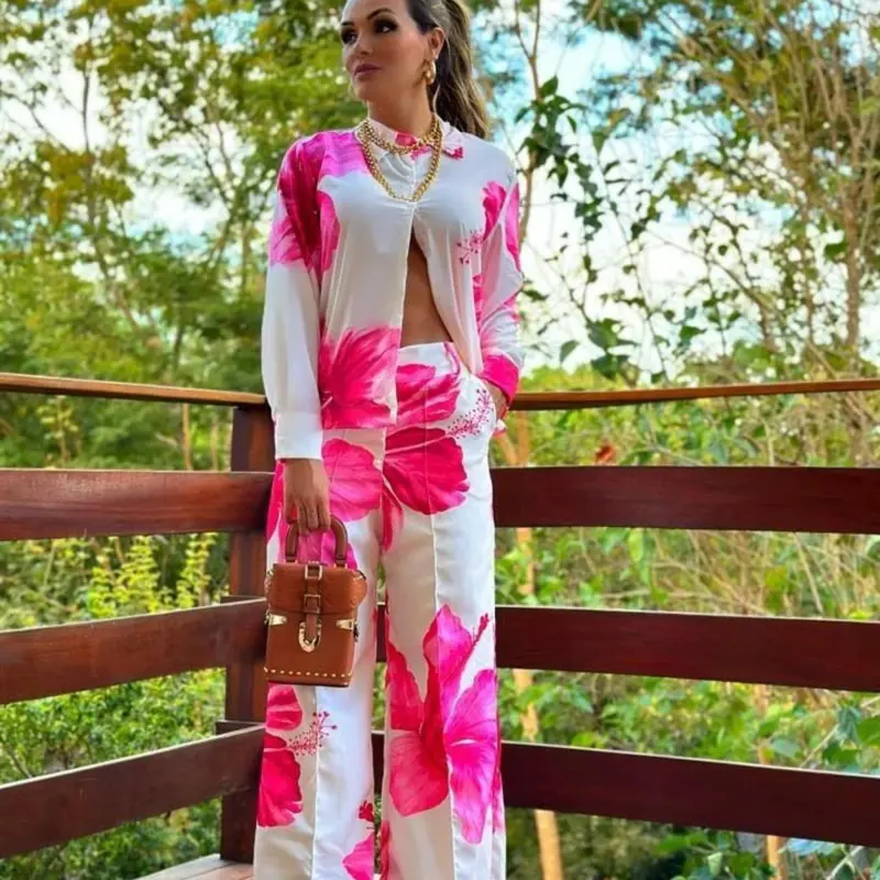 Women's Floral Print Button Front Shirt & Wide Leg Pants Two-piece Set, Long Sleeve Collared Top & Trousers, Two Piece Set Women, Casual Spring & Fall Outfits Clothes for Ladies, Clothing Set, Casual Matching Set, Printed Pants Set, Womenswear