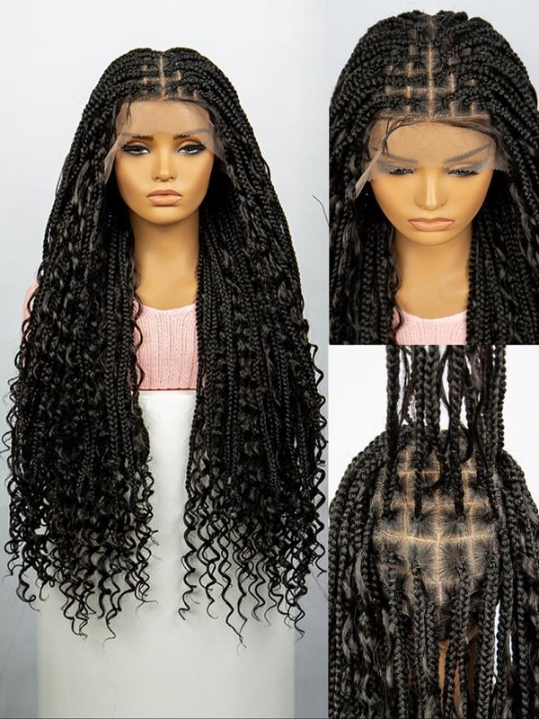 33 Inch Black Full Lace Front Box Braided Wig with Curly Hair Distressed Knotless Braided Wigs for Women, Synthetic Braided Lace Wigs for Party, Daily Use, Wigs That Look Like Real Hair, Kinky Curly Wigs