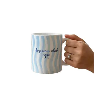 [SALE OFF - SHIP FROM US] Boy Mom Club Ceramic Mug: Blue Stripe Coffee Cup Coquette Style Drinkware