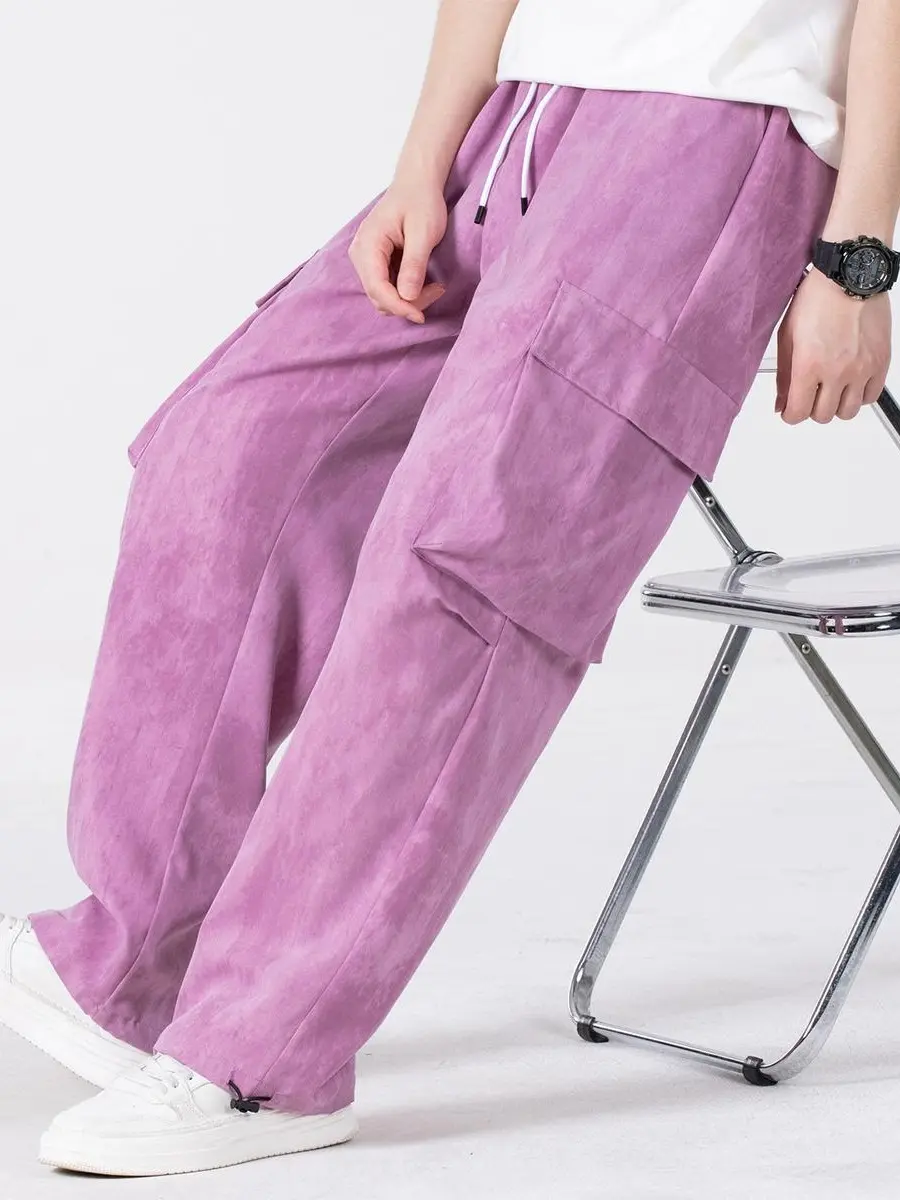 Men's Cloud Tie-Dye Light Purple Polyester Cargo Pants - Mid Waist Drawstring Elastic, Flap Side Pockets, Soft Wrinkle-Resistant, Loose Ankle Cuff Utility Trousers for Mature Gentlemen Spring Summer Daily Wear, Polyester Clothes, Flap Pockets, Urban Casua
