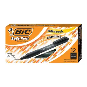 BIC Soft Feel Black Retractable Ballpoint Pens, Fine Point (0.8mm), 12-Count Pack, Black Pens With Soft-Touch Comfort Grip