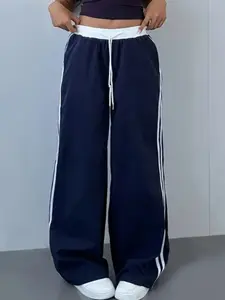 Women's Side Color Block Casual Straight Leg Pants, Fitted Woven Fabric, Moderate Thickness, All Seasons Wear, Comfortable & Stylish Design