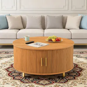 【SummerVibes】DHH 31.5" Round Coffee Table with Hidden Storage, Mid-Century Modern Fluted Center Table with Tambour Sliding Doors & Metal Legs for Living Room