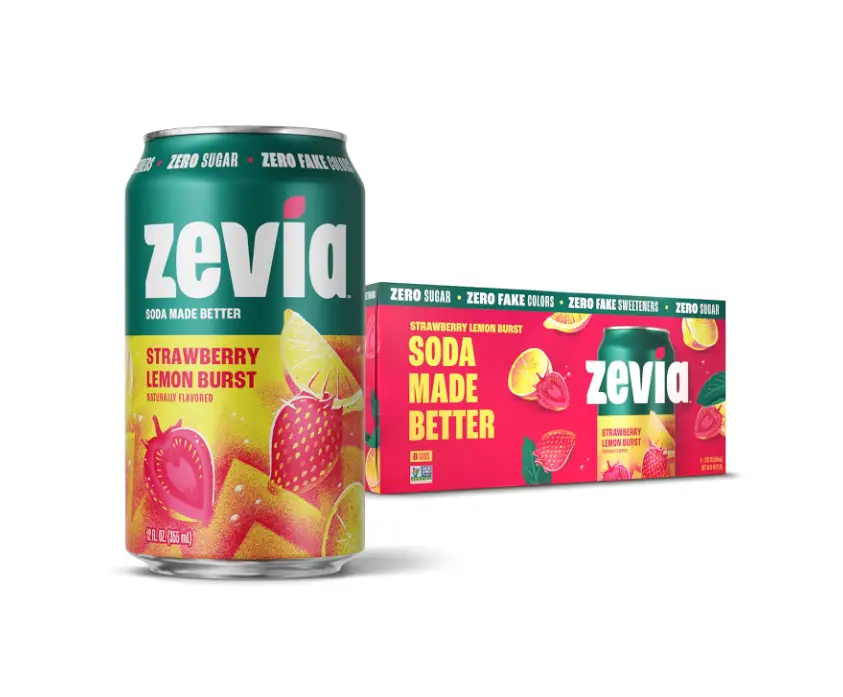 Zevia Zero Sugar Soda, Strawberry Lemon Burst, 12 oz Cans (8-Pack) – Naturally Sweetened, Zero Calorie Sugar Free Soda - Non-GMO Project Verified, Gluten-Free, Vegan