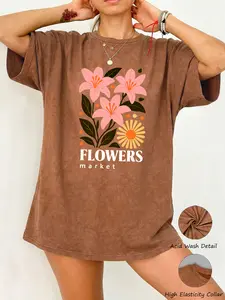 Flowers Market Lily Print Women's Casual Washed Short Sleeve T-Shirt