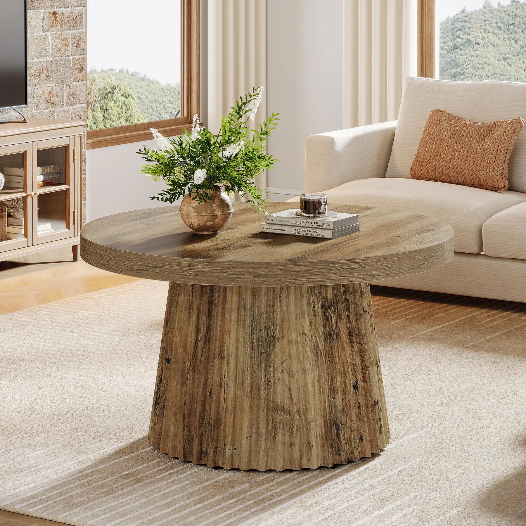 TRIBEWOOD Round Coffee Table, 31.5" Modern Circle Center Table with Fluted Drum Base and Wood Grain Finish, Minimalist Accent Cocktail Table for Living Room, Apartment, Small Space