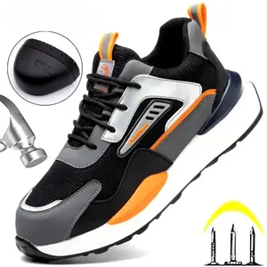 Men's Closed Breathable Mesh Safety Footwear, Lightweight Comfortable Worker Work Shoes, Slip-Resistant Color-Block Indestructible Shoes,summervibes