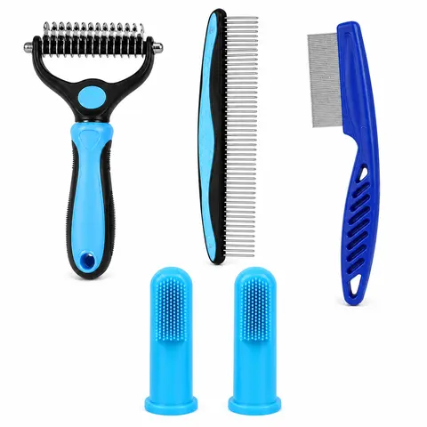 Mizusu Blue 5-in-1 Pet Groomer Tools Combo Pack - Double-Sided Comb & Brush Set for Dogs & Cats, 2 Silicone Finger Toothbrushes, Dematting Rake, Fine-Tooth Detailing Comb, Detangles Mats, Gentle Glide Care, Reduces Shedding