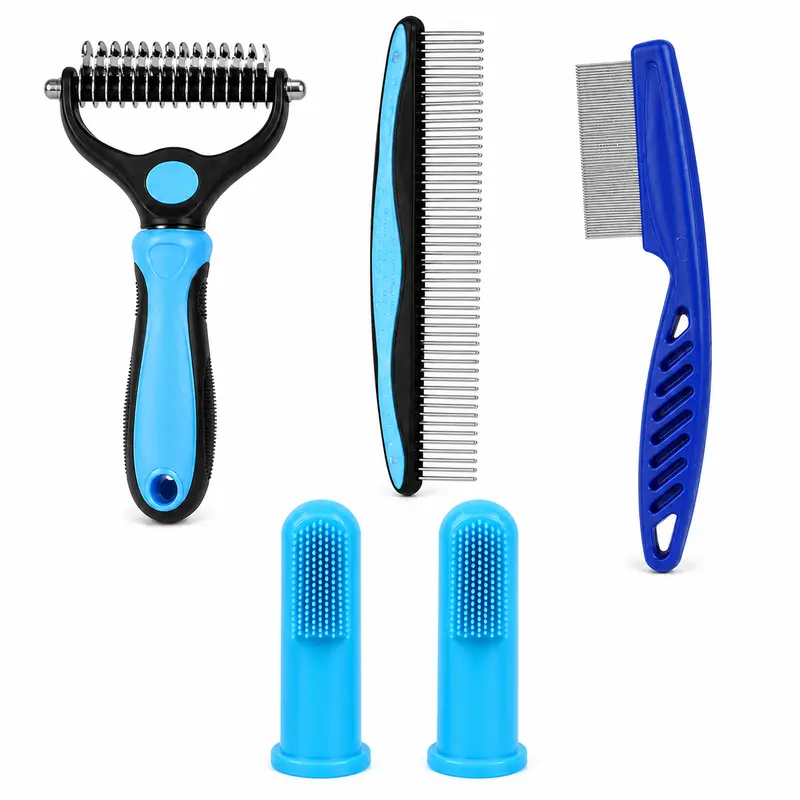 Mizusu Blue 5-in-1 Pet Groomer Tools Combo Pack - Double-Sided Comb & Brush Set for Dogs & Cats, 2 Silicone Finger Toothbrushes, Dematting Rake, Fine-Tooth Detailing Comb, Detangles Mats, Gentle Glide Care, Reduces Shedding