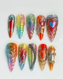 Rainbow Chrome 3D Press On Nails | Iridescent Jelly Art, Chains, Hearts & Bears | Trendy Long Nails for Bold & Fun Style