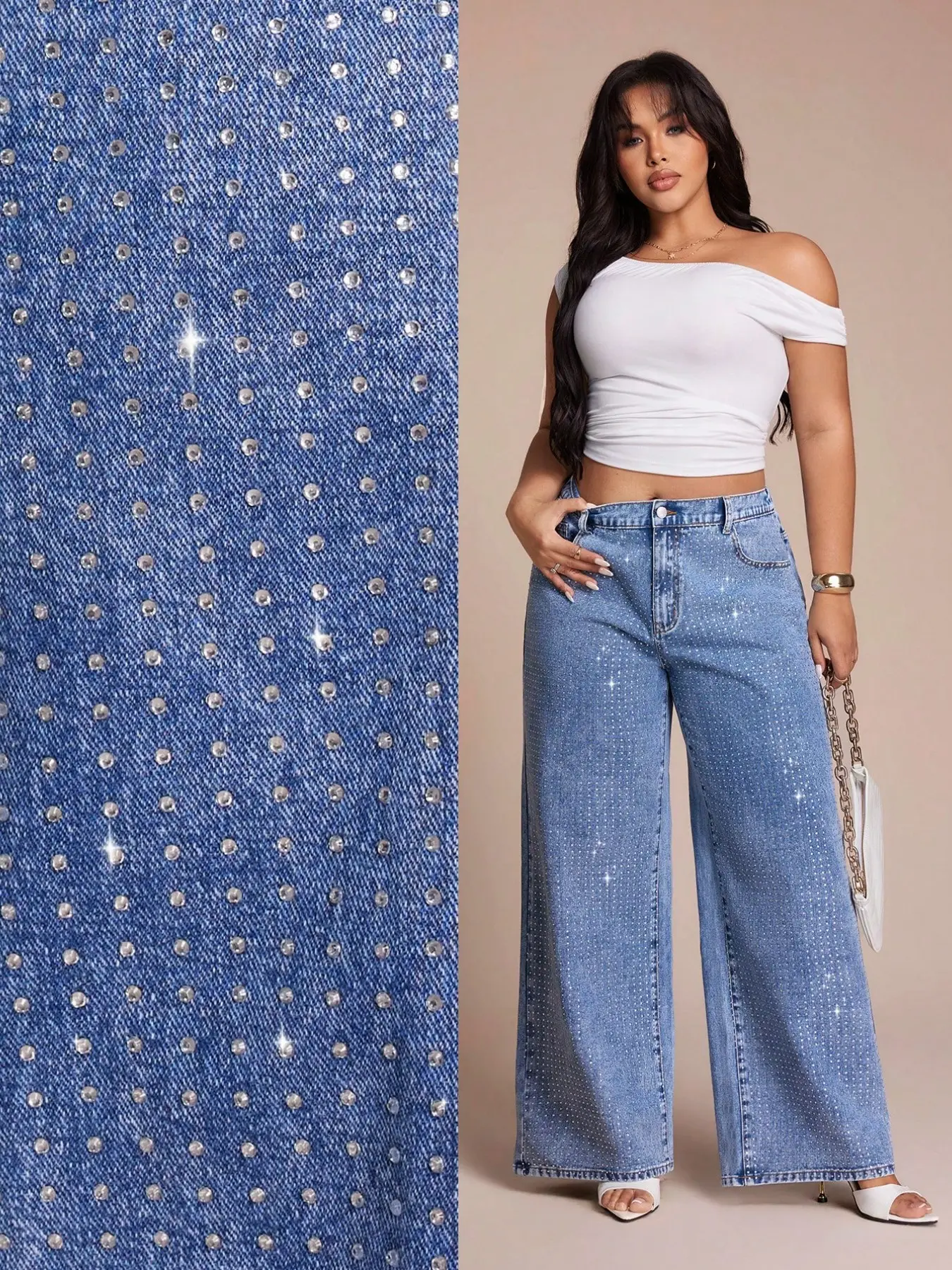 Plus Size Oversize Rhinestone Baggy Wide Leg Jeans Pants, High Waist Shiny Denim Jeans, Casual Everyday Streetwear Style, Trendy Fashion for Women, Trouser, Rhinestones Decor Jeans