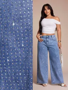 Plus Size Rhinestone Wide Leg Jeans Pants, High Waist Shiny Denim Jeans, Casual Street Style, Trendy Fashion for Women