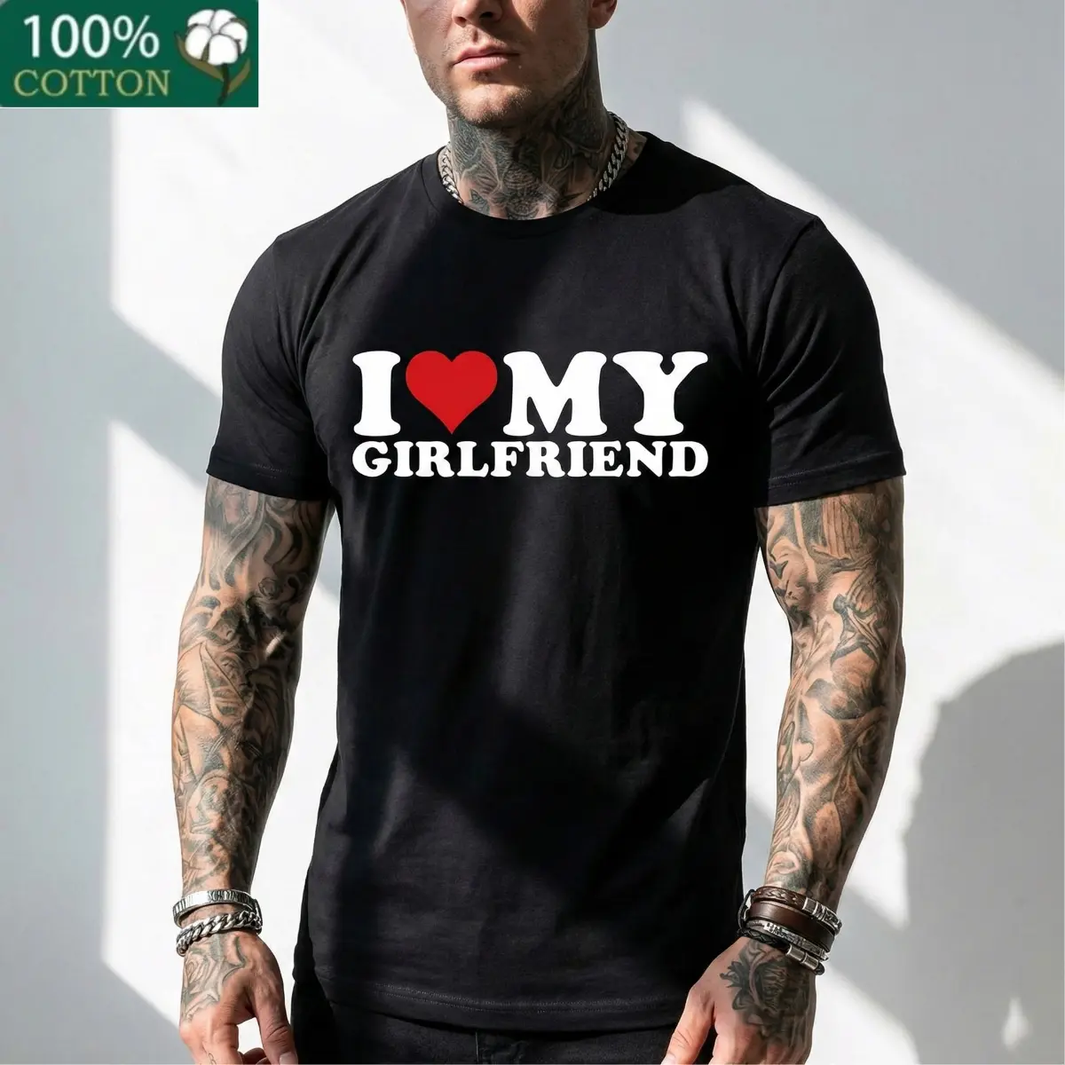 Men's 100% Cotton Classic Short-Sleeve "I Love My Girlfriend" Print Sports Top, Soft Breathable Menswear for Day Wear, Funny Gifts for Boyfriends Casual Outfits, Tee