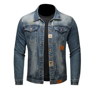 Men's Blue Washed Denim Jacket, Retro Distressed Biker Jean Jacket with Paisley Lining, Classic Trucker Jacket with Shoulder Stitching, Casual Button-Down Motorcycle Denim Coat for Men, Fashion Streetwear Denim Jacket for Daily Wear, Riding, Outdoor