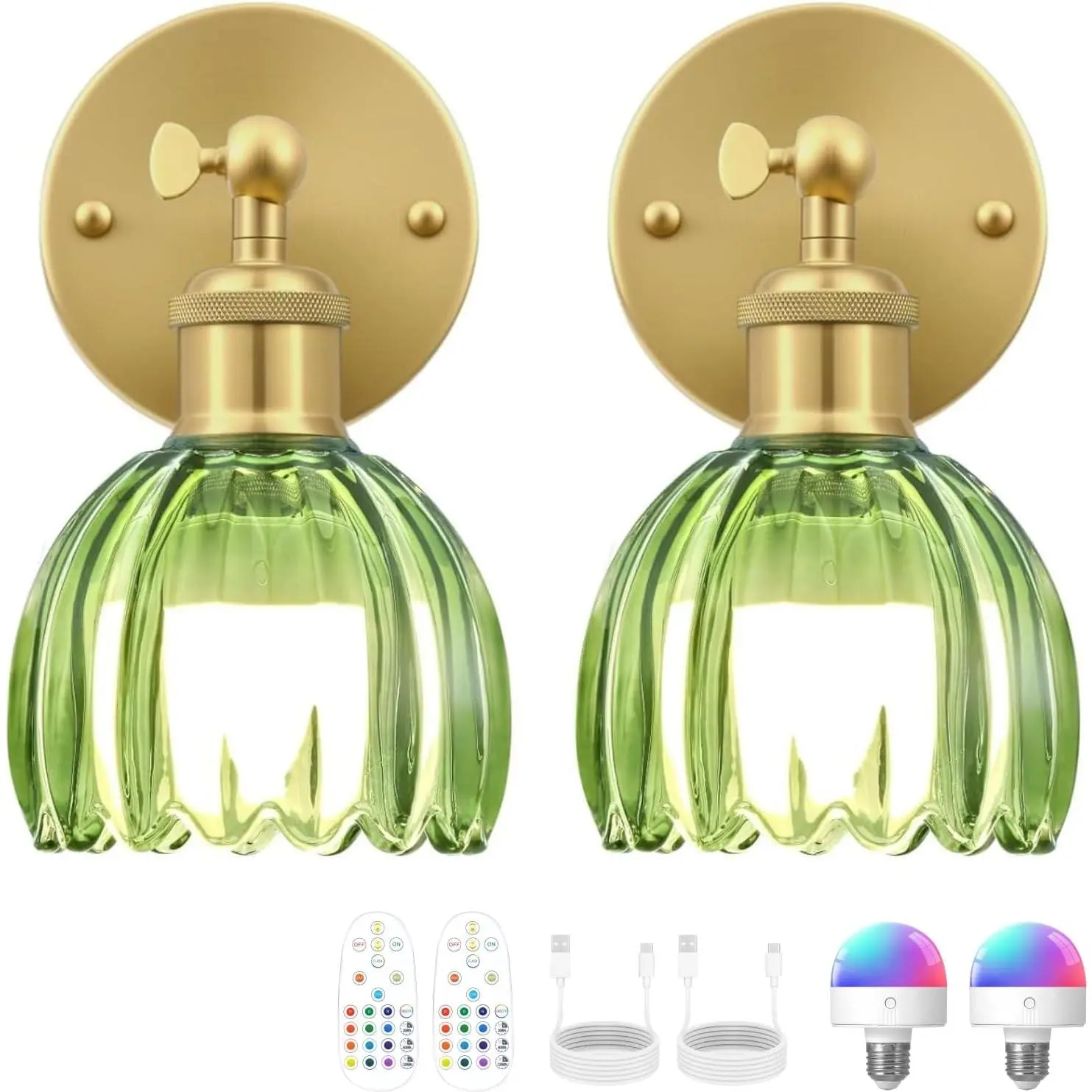 2-Pack Vintage Rechargeable Wireless LED Wall Sconces, Wireless Remote Switch, Dimmable Bulbs, Green Tulip Glass Shade, Mood Lighting for Bedroom Bedside, Indoor Use Ambient Wall Lamps