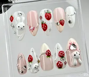Whimsical Bunny Press On Nails | Kawaii Strawberry Bunny Fake Nails | Strawberry-Themed Press Ons | Adorable Kawaii Nail Art