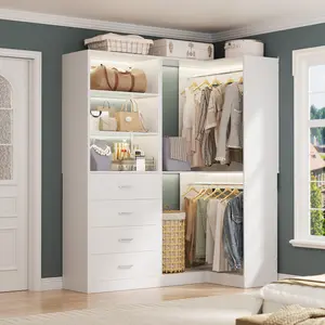 53'' W Freestanding Corner Closet System with 4 Wooden Drawers and Hanging Rods, L-Shaped Walk-in Closet Organizer Wardrobe Set with Storage Shelves