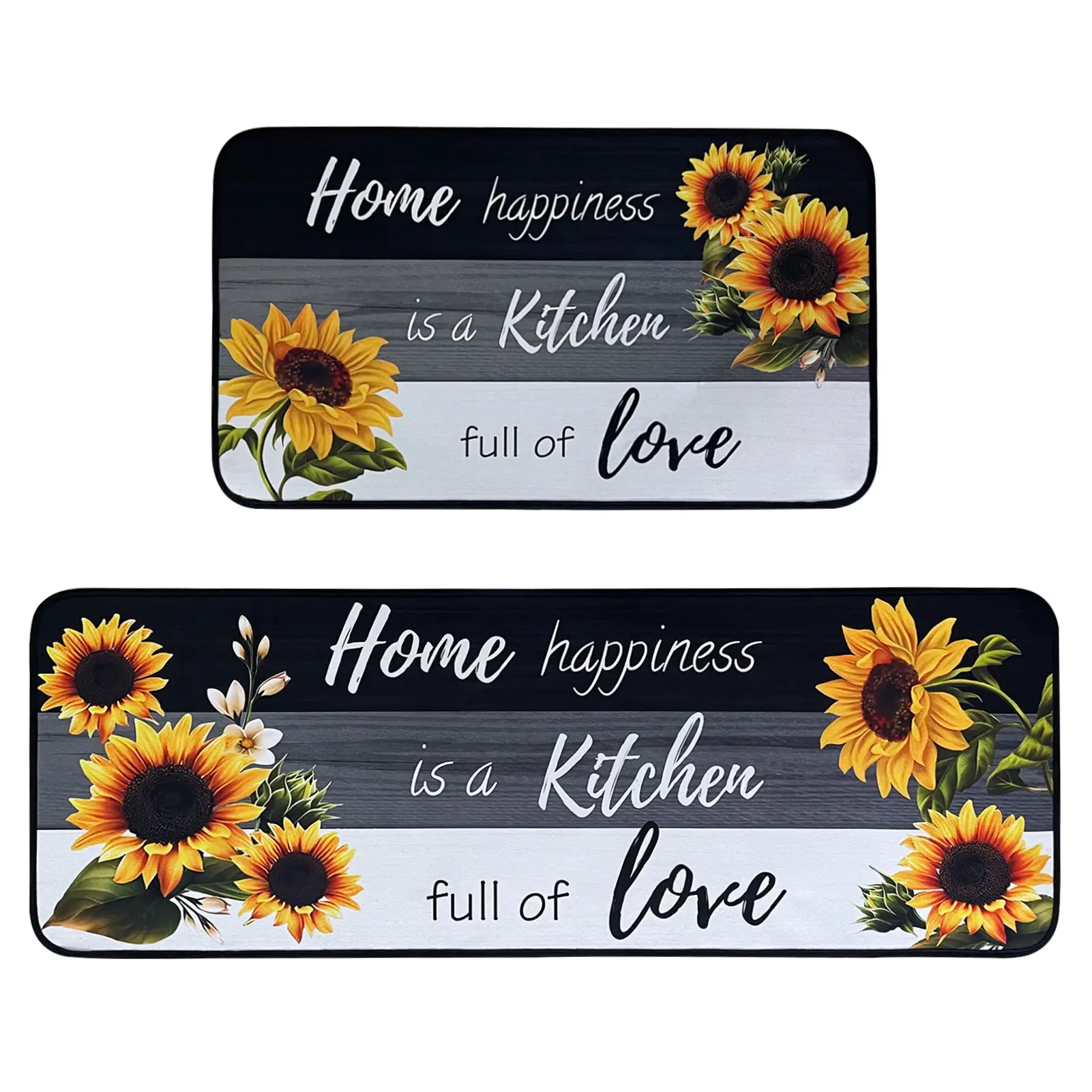 Sunflower Kitchen Rugs,Non Skid Washable Microfiber mats for Kitchen Floor, Black White Kitchen Cushioned Runner Rug Decor Sets of 2,Size 17"x 47"+17"x 30"