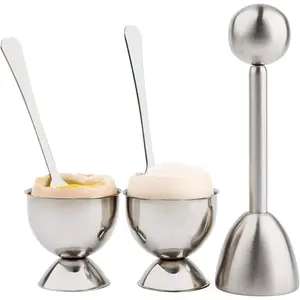 Soft Hard Boiled Egg Cutter Topper Set Egg Cracker with 2 Cups 2 Spoons 1 Topper Cutter Shell Separator Remover Stainless Steel Kitchen Tool