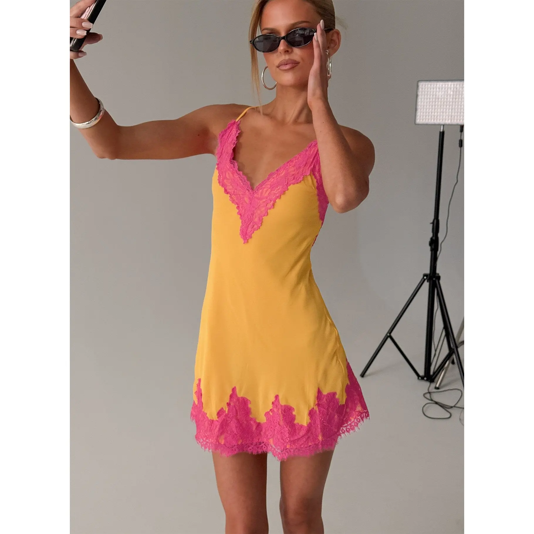 Call My Lover Lace Slip Mini Dress Gold / Fuchsia