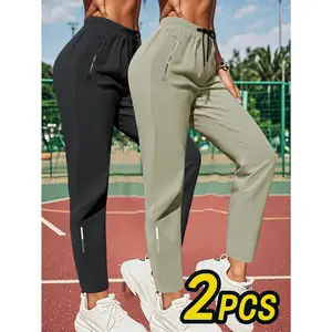 Women's 2-piece multi pocket zipper straight leg casual pants Drawstring elastic waist slimming sports sweatpants Multi colored daily commuting versatile outdoor casual pants