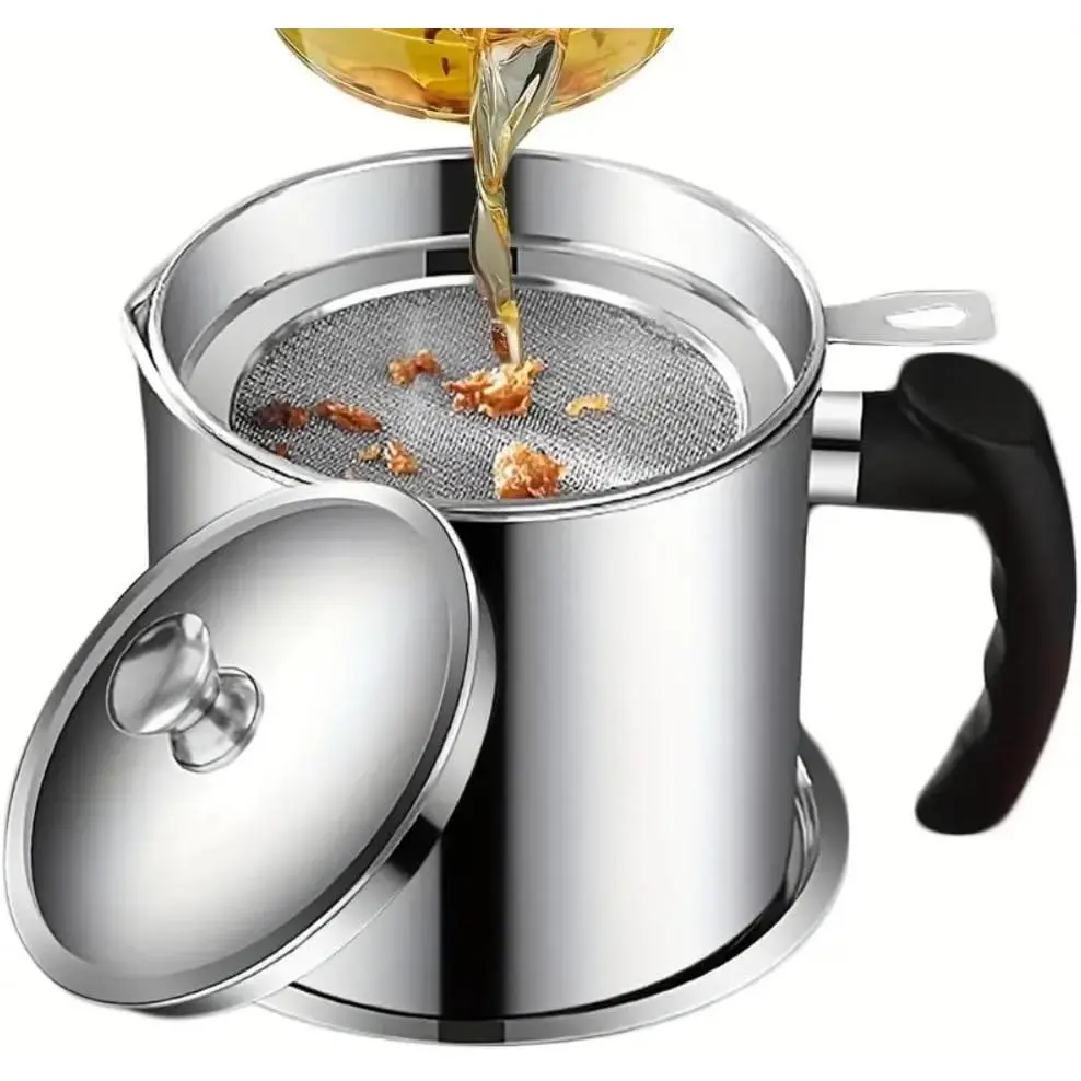 1.3L (43oz) Synthetic Curved Durable Stainless Steel Bacon Container with Mesh Filter, Strainer, Sieve, Lid, Non-Slip Handle, Small Pouring Port - Leakproof Reusable Oil Keeper, Kitchen Utensil for Easy Bacon Piece Separation, Cooking Oil Storage, Easy To