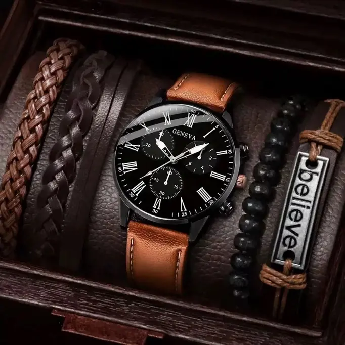 5 Pcs Men’s Brown Leather Watch Bracelet Set – Geneva Black Dial Quartz Watch, Braided Leather & Bead Bracelets, “Believe” Charm – Gift Set for Men