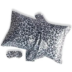 Satin pillowcase for hair and skin silky pillow cases Queen size set of 2 with 1 eye mask luxury soft breathable cooling pillow covers, 20x30 inch, Grey leopard