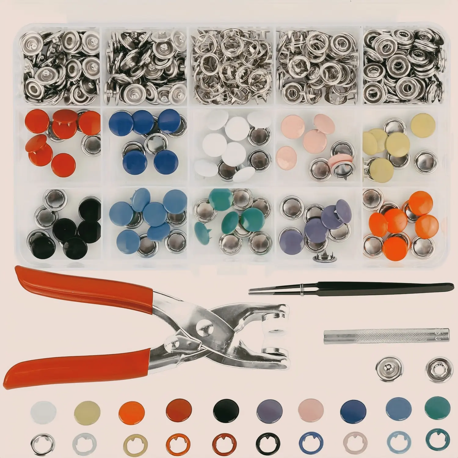 9.5mm Metal Snap Button Kit, 200-Piece Press Studs Sewing Tool Kit with Sewing Pliers, No-Sew Eco-Friendly Secure Durable for DIY Crafts, Clothing & Bags, Ideal for Adults & Beginners (All Seasons)