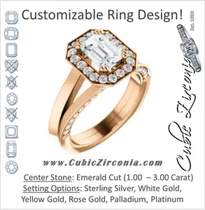 Cubic Zirconia Engagement Ring- The Jocelyn (Customizable Halo-Enhanced Emerald Cut featuring 3-side Accented Split-Band)
