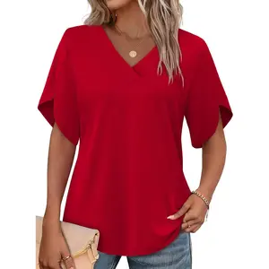 Womens Summer Tops Short Petal Sleeve Shirts Fashion V Neck Womens Clothing