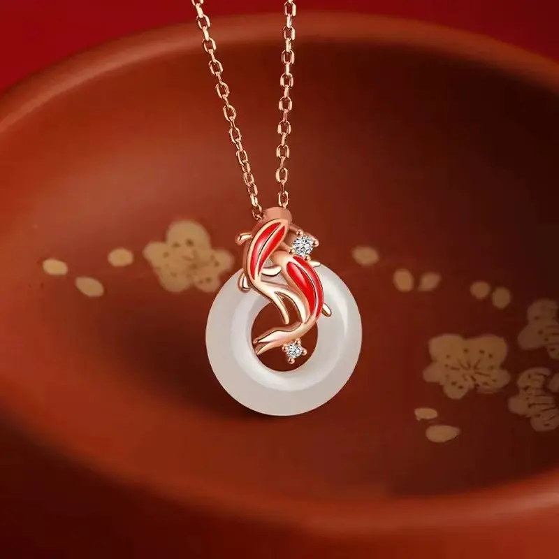 Koi Fish Feng Shui Fashion Accessory - Rose Gold Female White Jade Inspirational Jewelry Peace Amulet Pendant, Safety Button Necklace for DIY Beading & Jewelry Making