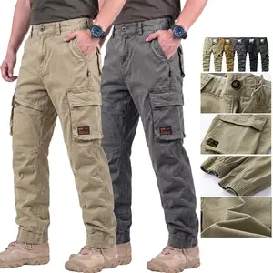100% Cotton Multi-Pocket Tactical Cargo Pants, Sand Washed Distressed Look, Zippered Dits, Orange Logo Accent, Ribbed Cuffs, Full-Length Pants