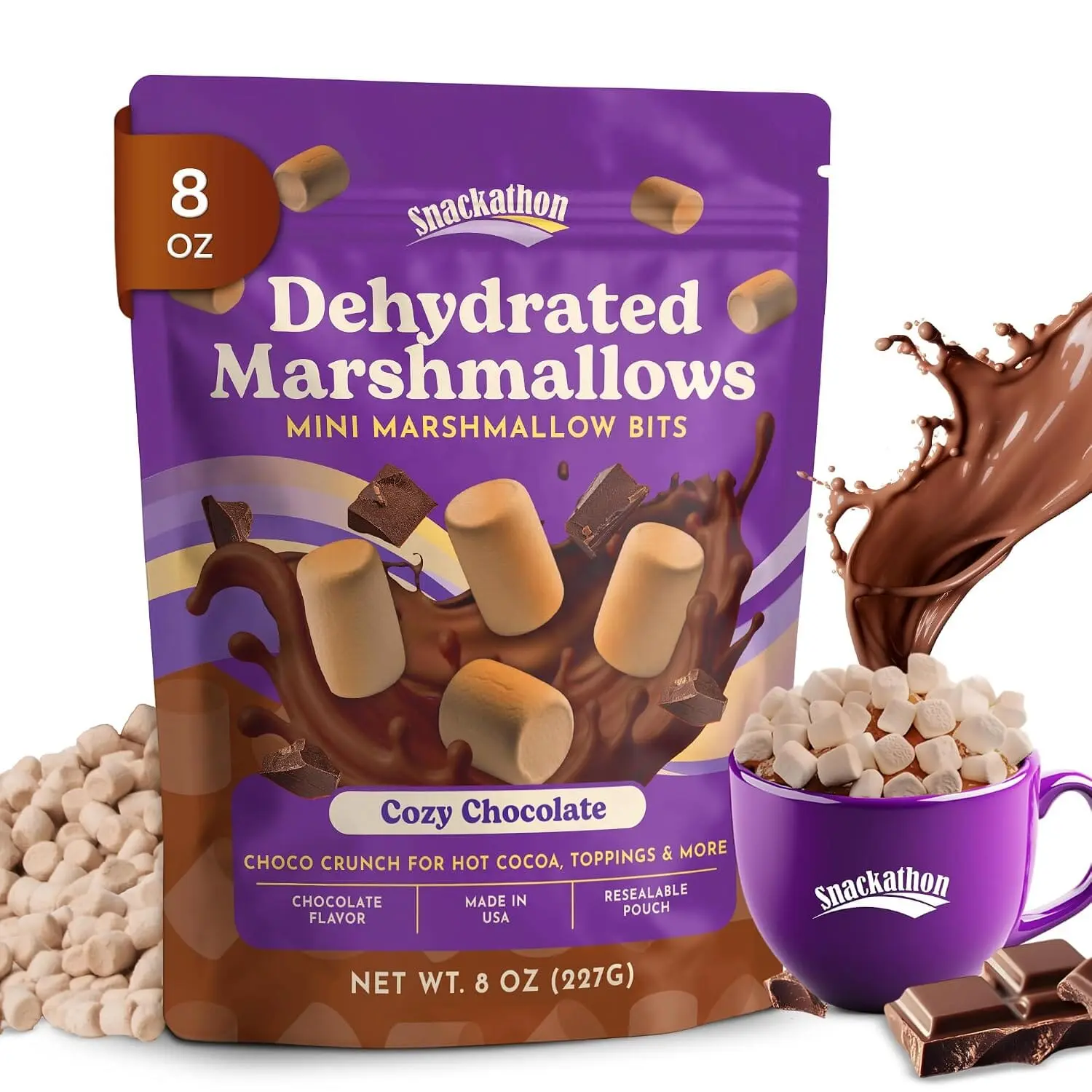 Snackathon Chocolate Mini Dehydrated Marshmallows – 8 oz Resealable Bag (Crunchy Topping for Hot Chocolate, Baking & Desserts)