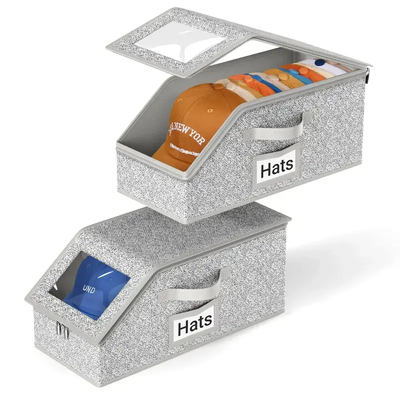 Linen Fabric Stackable Hat Storage Boxes for Baseball Caps, Holds Up to 24 Hats, Durable Cardboard Box for Men, Father's Day Gift, Dustproof Cap Storage Box with Transparent Window, Holds 24-48 Baseball Caps