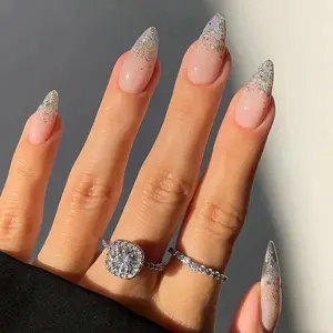 24pcs Long Almond Silver Color Glitter Press-On Nails, French Design, Perfect Fit False Nail Set, Easy Wear, Ideal for Parties, Dance, Daily Use