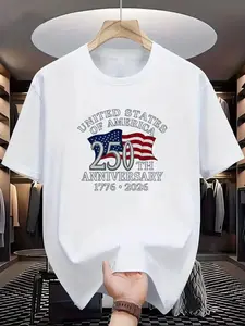 Men's 250th Anniversary USA Flag T-Shirt 1776-2026 250 Years of American History Commemorative Casual Round Neck Tee for 4th of July Independence Day Celebrations Patriotic Events Machine Washable