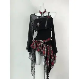 Gothic Hot Girl American Fashion 2 Piece Set Women Black Blouse + Chic Irregular Dress New Pure Desire Slim Vintage Suit Summer